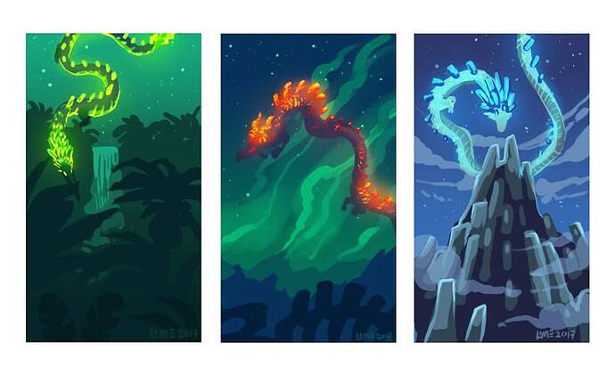 In order from left to right_ Farosh, Dinraal, and Naydra  Legend of Zelda- Breath of the Wild art _ dragons