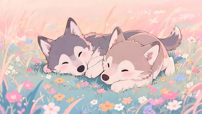 adorable-husky-puppies-napping-pastel-flower-field_23-2152029001