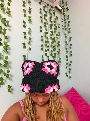 Crochet Pink & Black Cat Hat